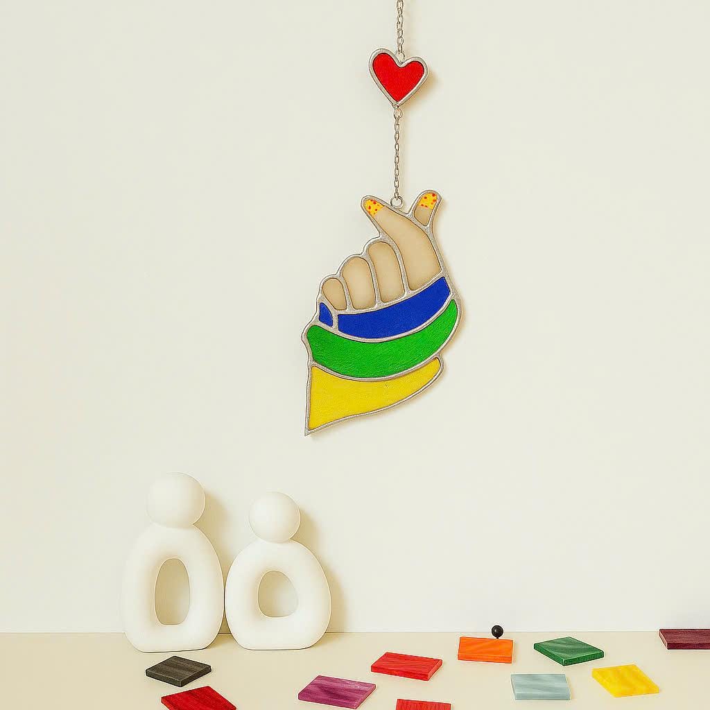 Kpop Finger Heart Stained Glass Suncatcher, Korean Love Decor