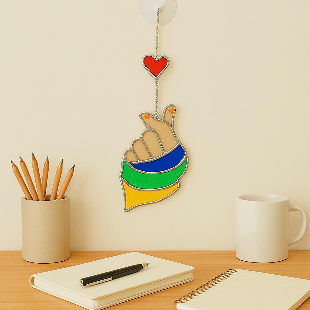 Kpop Finger Heart Stained Glass Suncatcher, Korean Love Decor