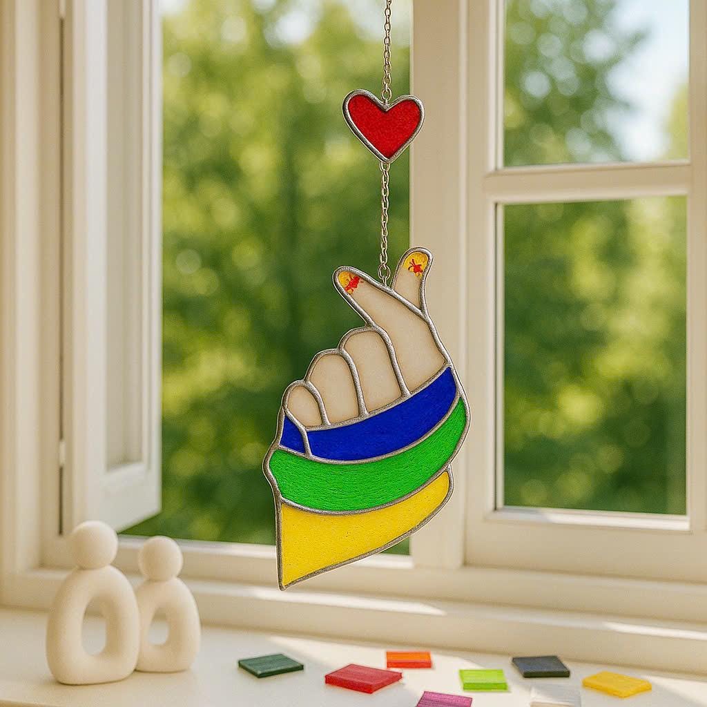 Kpop Finger Heart Stained Glass Suncatcher, Korean Love Decor