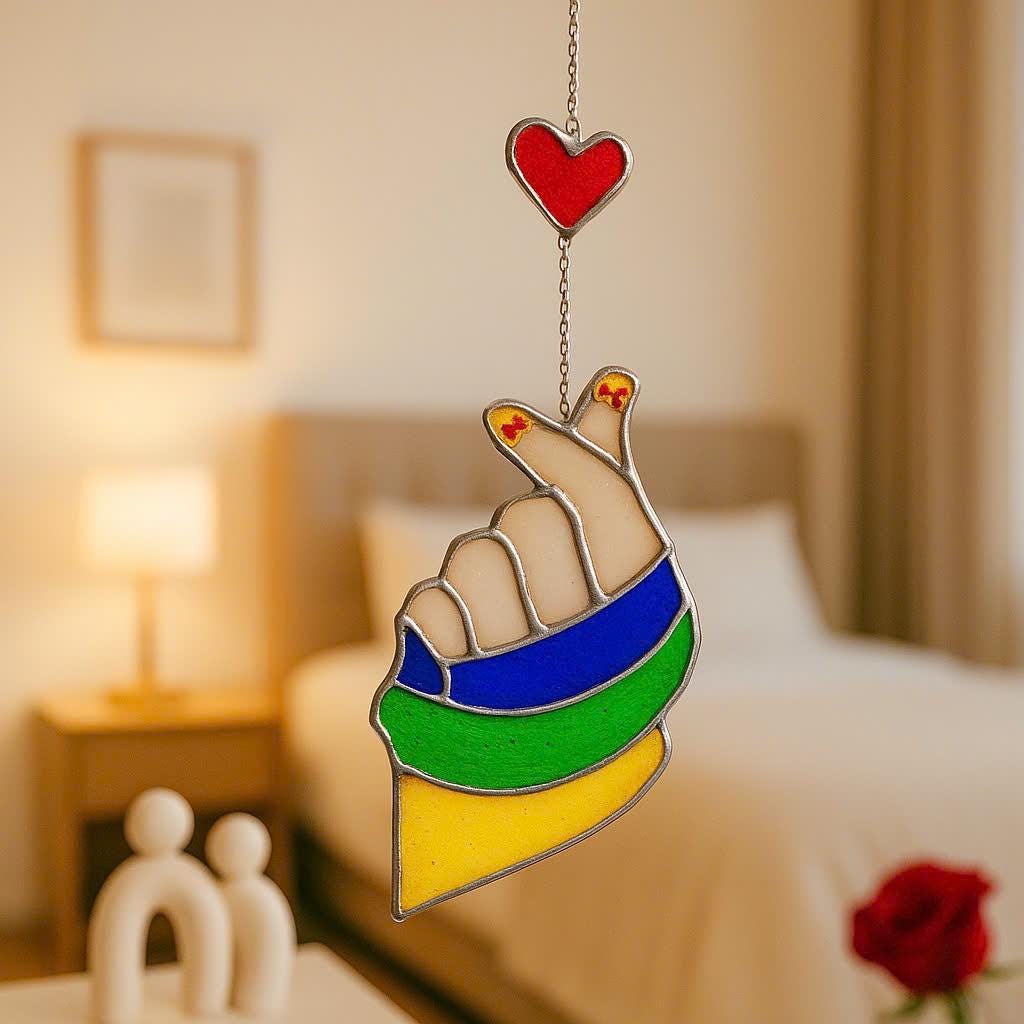 Kpop Finger Heart Stained Glass Suncatcher, Korean Love Decor