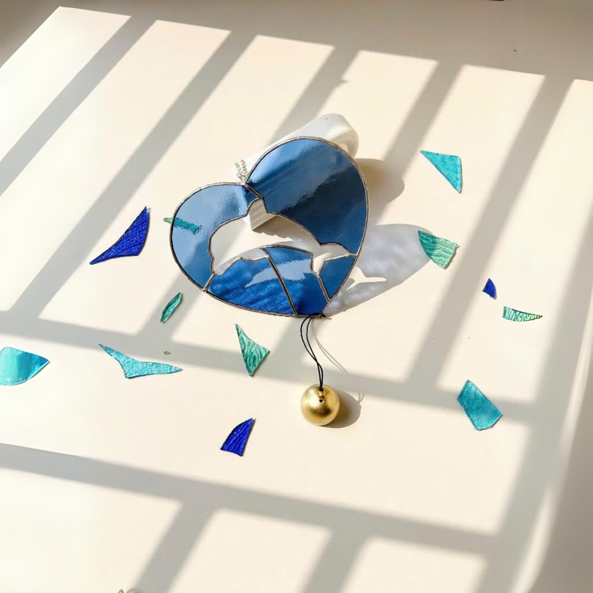 Handmade Stained Glass Dolphin Heart Suncatcher – Coastal Decor with Bell