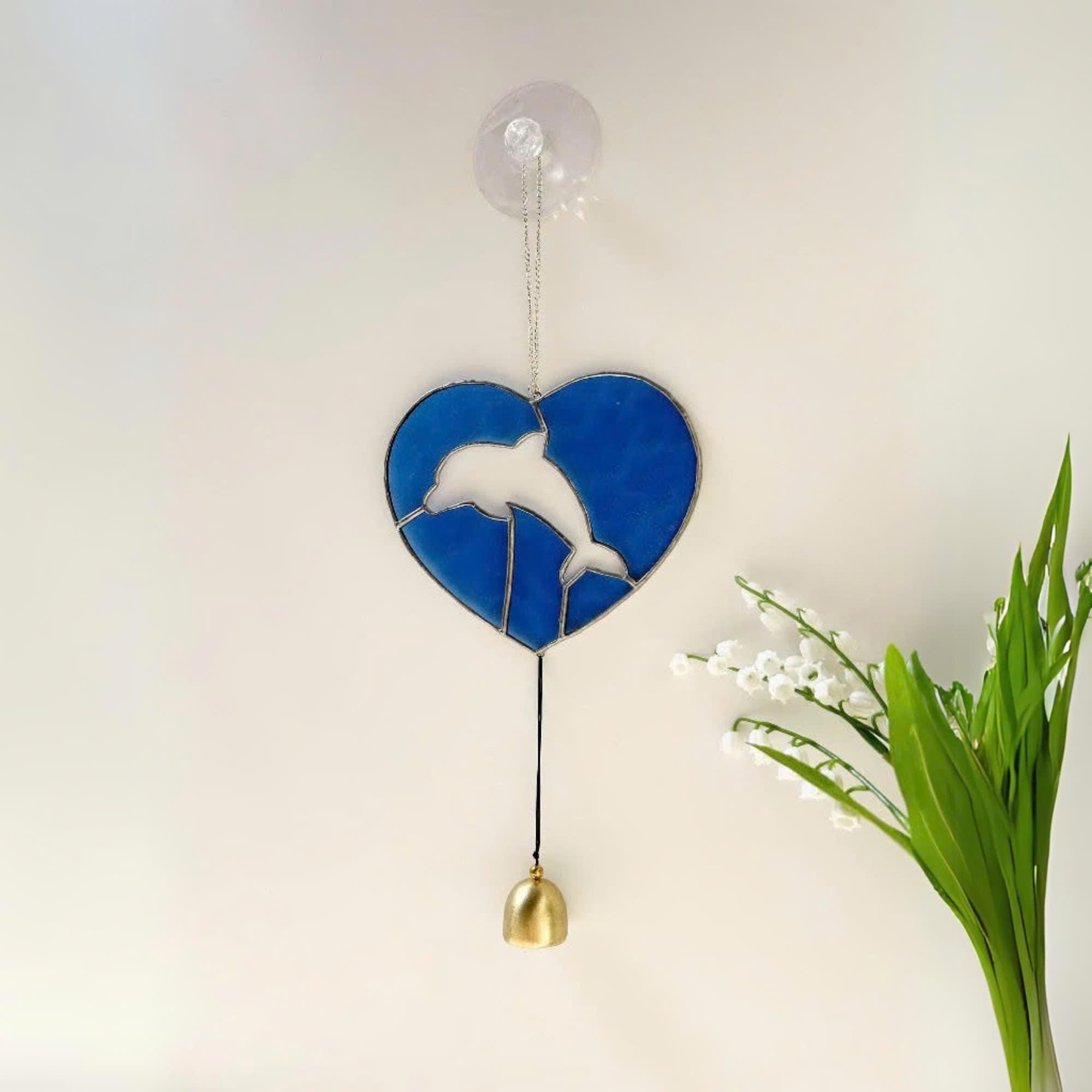 Handmade Stained Glass Dolphin Heart Suncatcher – Coastal Decor with Bell