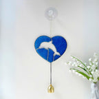 Handmade Stained Glass Dolphin Heart Suncatcher – Coastal Decor with Bell