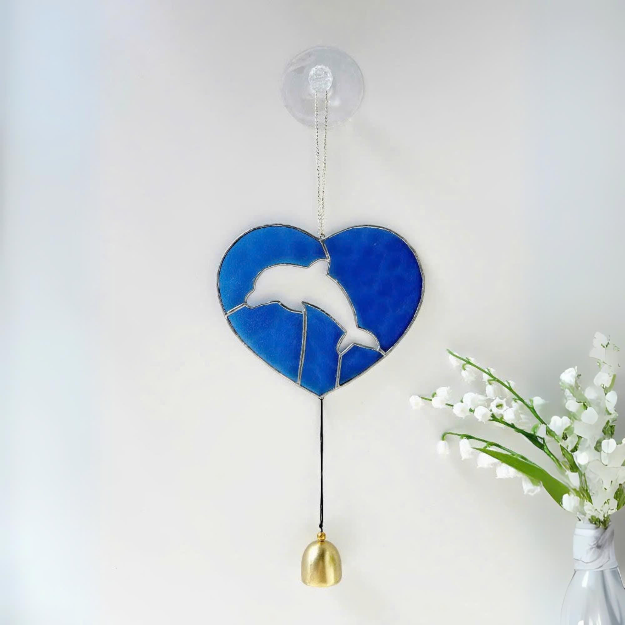 Handmade Stained Glass Dolphin Heart Suncatcher – Coastal Decor with Bell