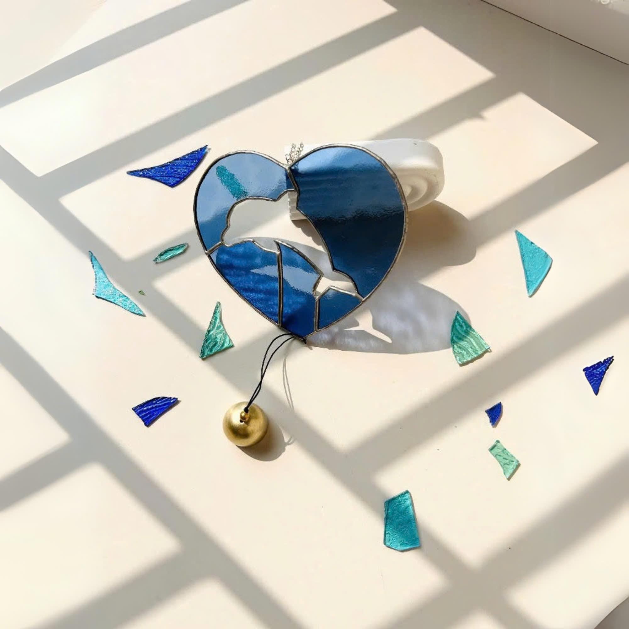 Handmade Stained Glass Dolphin Heart Suncatcher – Coastal Decor with Bell