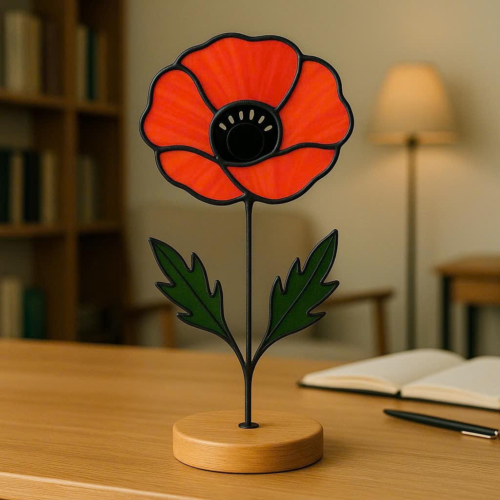 Stained Glass Poppy Flower, August Birth Flower Gift, Desk Decor