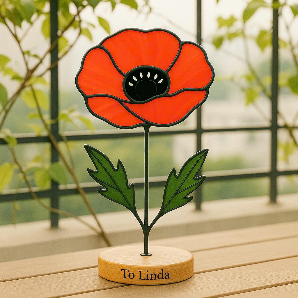 Stained Glass Poppy Flower, August Birth Flower Gift, Desk Decor
