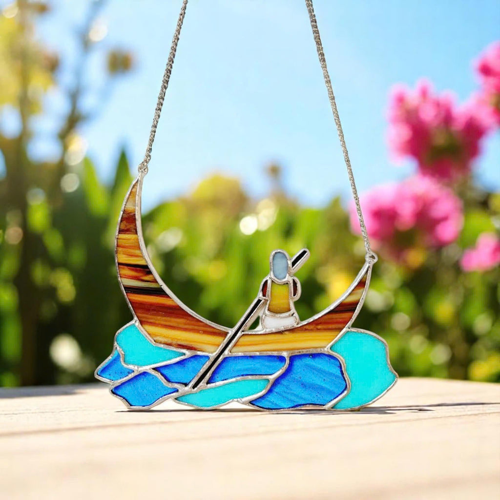 Stained Glass Boat Suncatcher – Handmade Crescent Moon, Window Decor