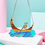Stained Glass Boat Suncatcher – Handmade Crescent Moon, Window Decor