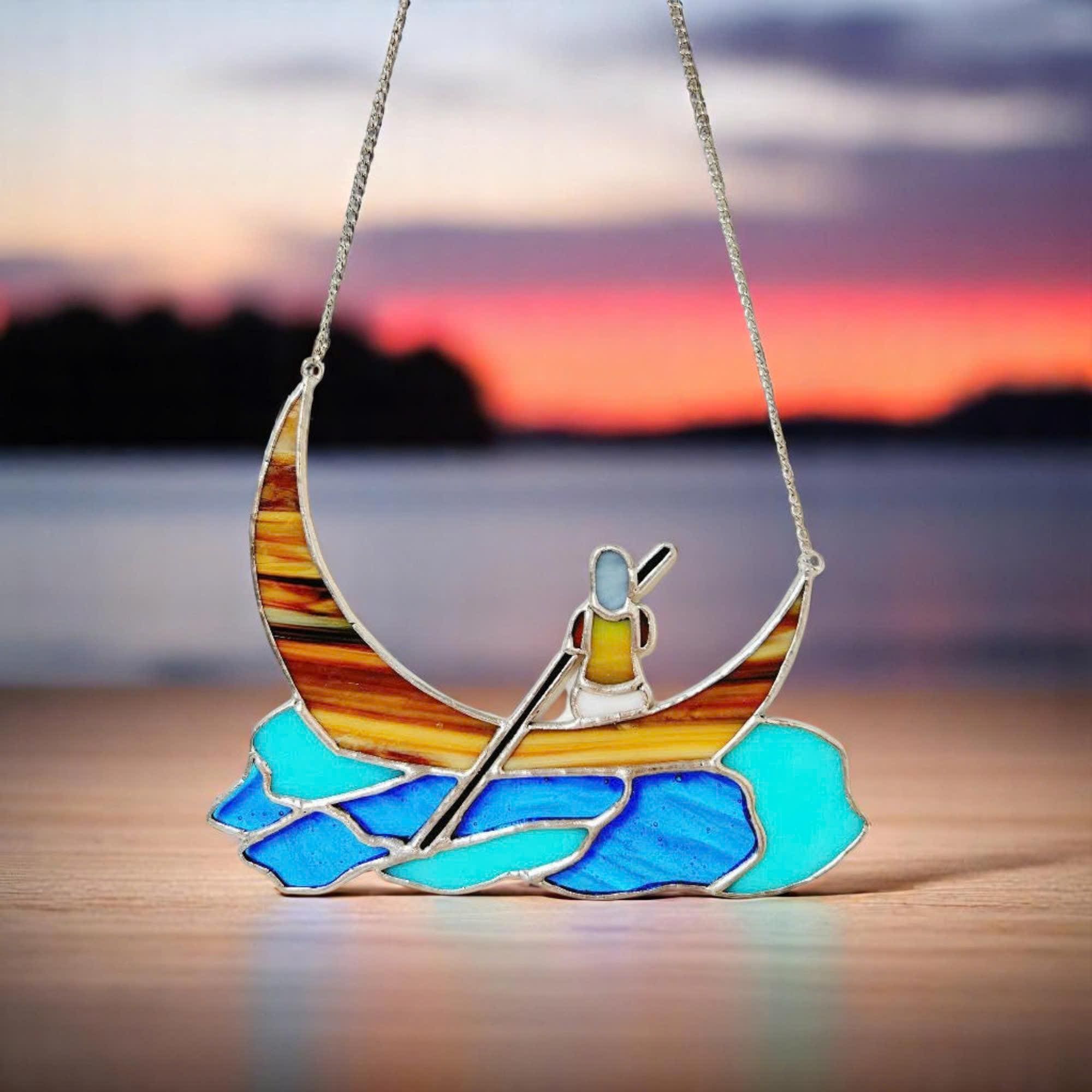 Stained Glass Boat Suncatcher – Handmade Crescent Moon, Window Decor