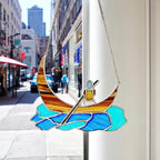 Stained Glass Boat Suncatcher – Handmade Crescent Moon, Window Decor
