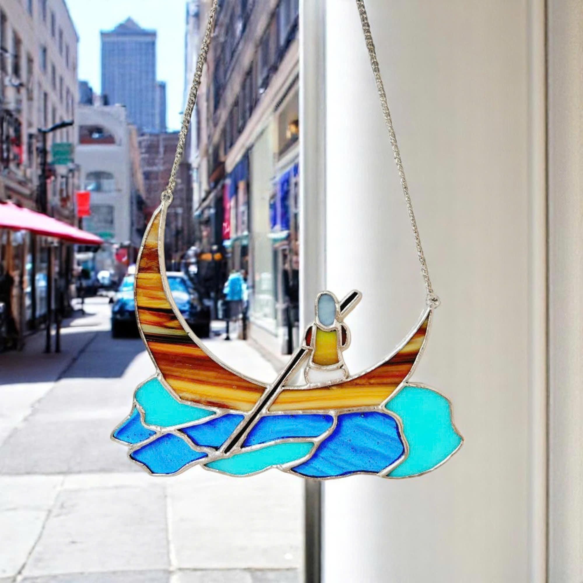 Stained Glass Boat Suncatcher – Handmade Crescent Moon, Window Decor