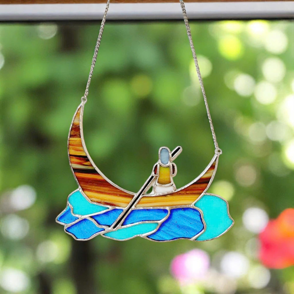 Stained Glass Boat Suncatcher – Handmade Crescent Moon, Window Decor