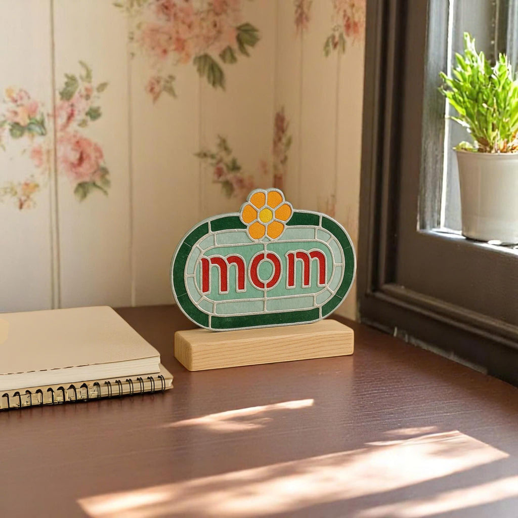 Handmade Stained Glass MOM Sign, Floral Desk Decor