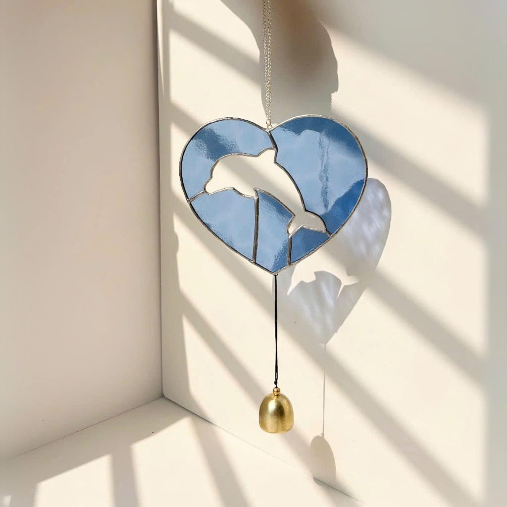 Handmade Stained Glass Dolphin Heart Suncatcher – Coastal Decor with Bell