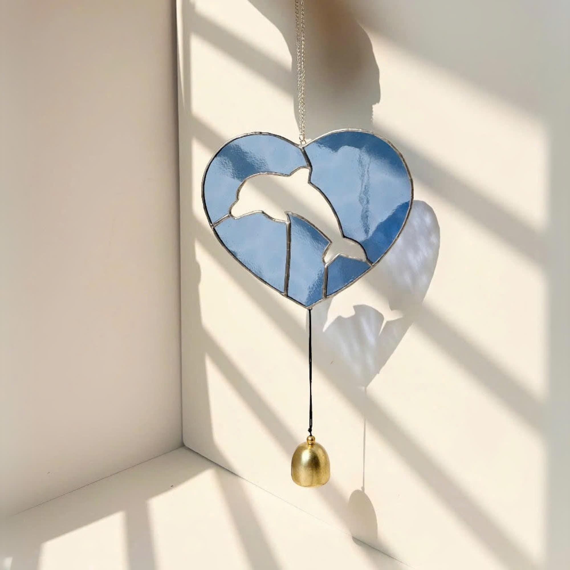 Handmade Stained Glass Dolphin Heart Suncatcher – Coastal Decor with Bell