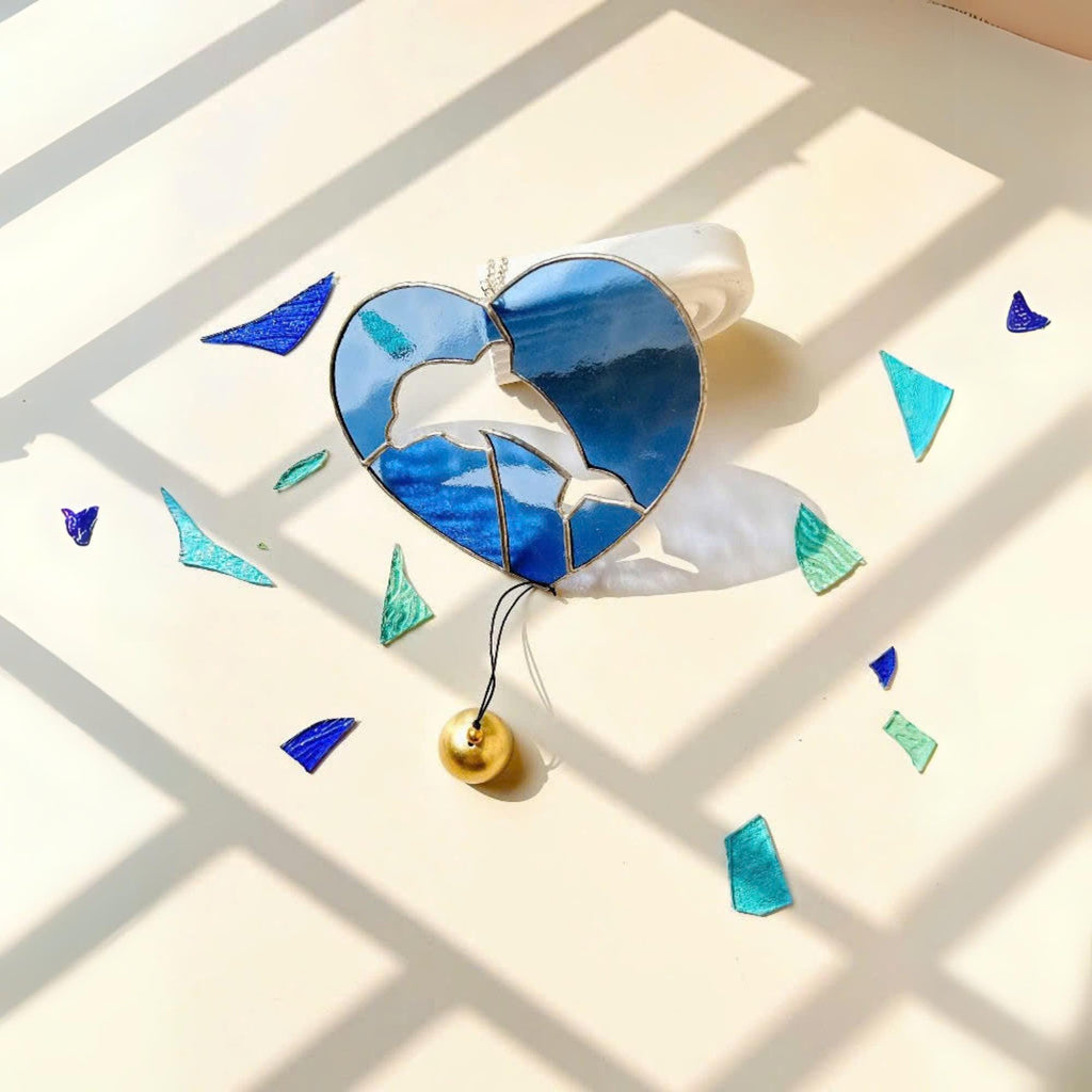 Handmade Stained Glass Dolphin Heart Suncatcher – Coastal Decor with Bell