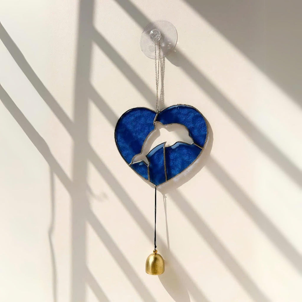Handmade Stained Glass Dolphin Heart Suncatcher – Coastal Decor with Bell