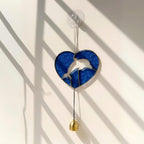 Handmade Stained Glass Dolphin Heart Suncatcher – Coastal Decor with Bell
