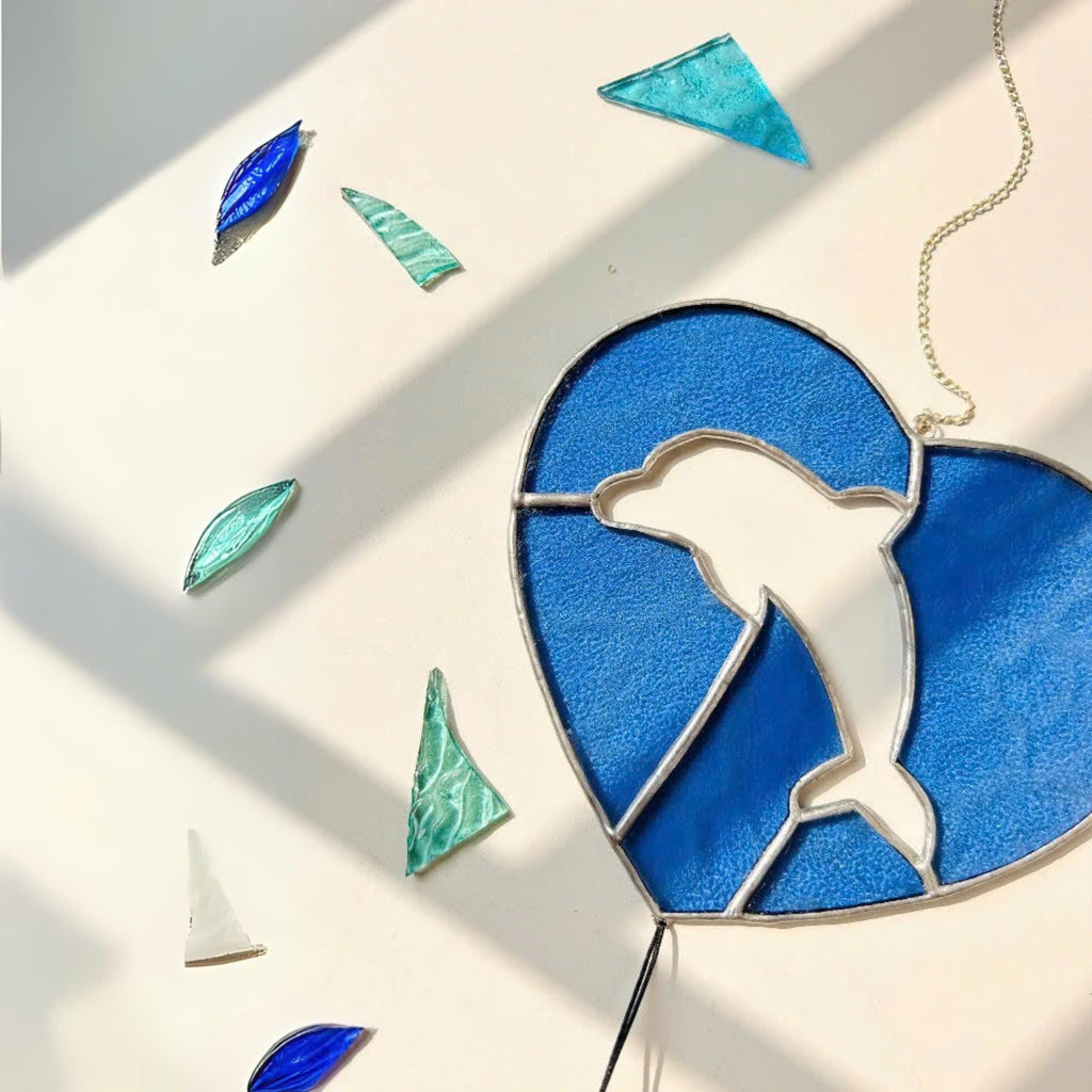 Handmade Stained Glass Dolphin Heart Suncatcher – Coastal Decor with Bell