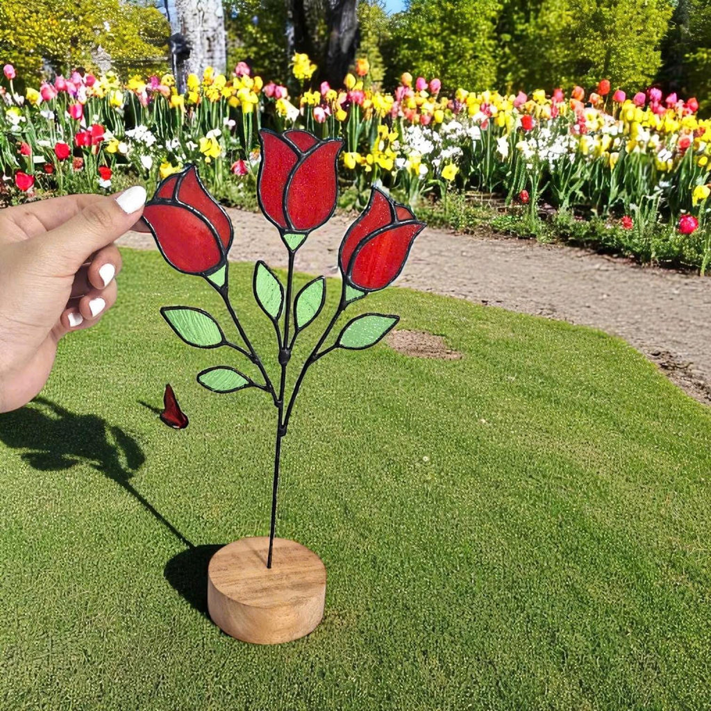 Handmade Stained Glass Red Rose Sculpture – Floral Home Decor