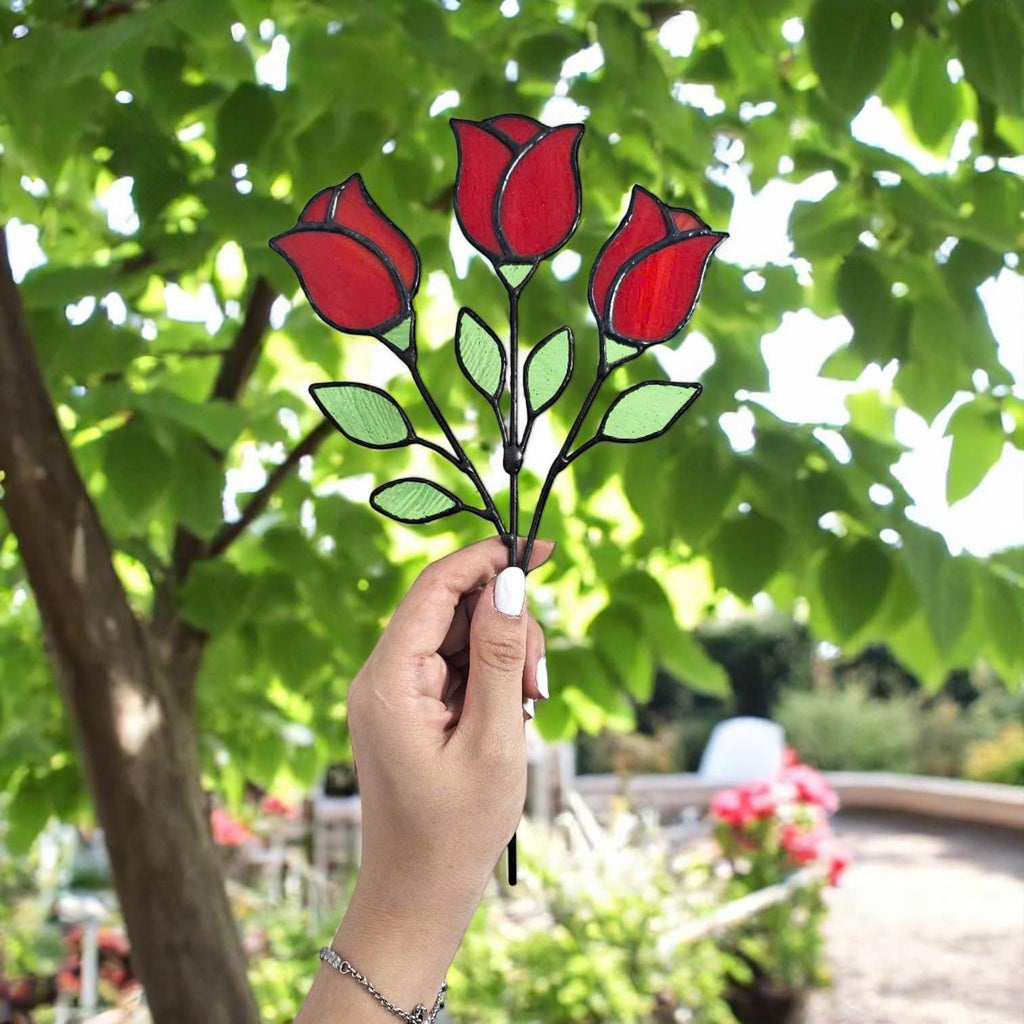 Handmade Stained Glass Red Rose Sculpture – Floral Home Decor