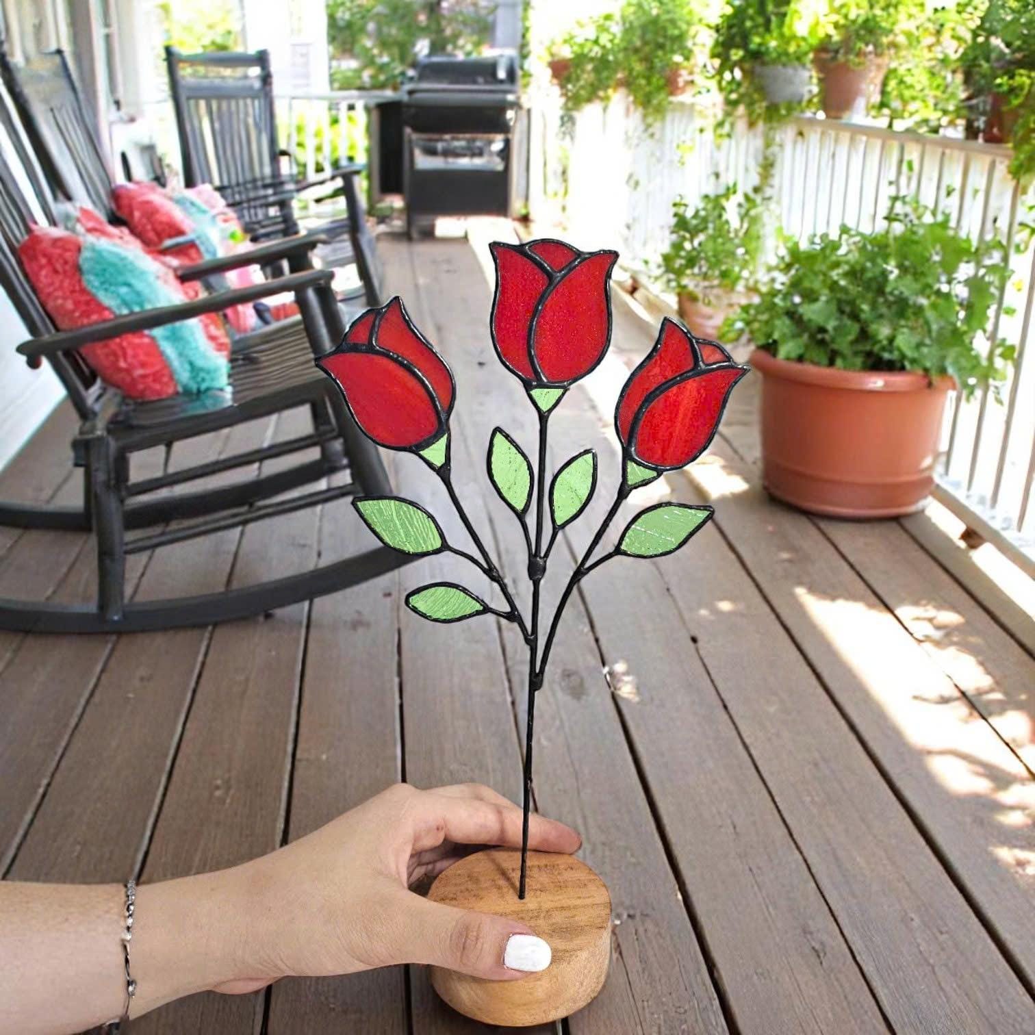Handmade Stained Glass Red Rose Sculpture – Floral Home Decor