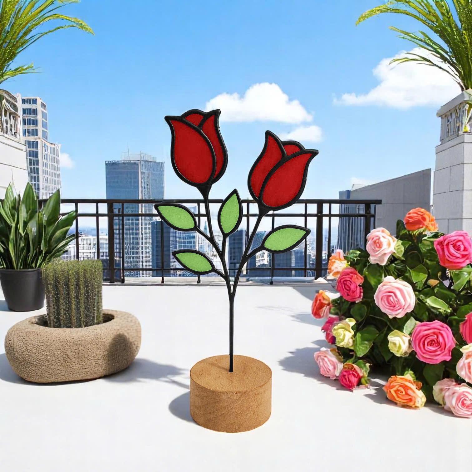 Handmade Stained Glass Red Rose Sculpture – Floral Home Decor