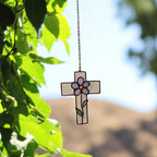 Cute stained glass wizard ghost Halloween suncatcher with wand and hat décor