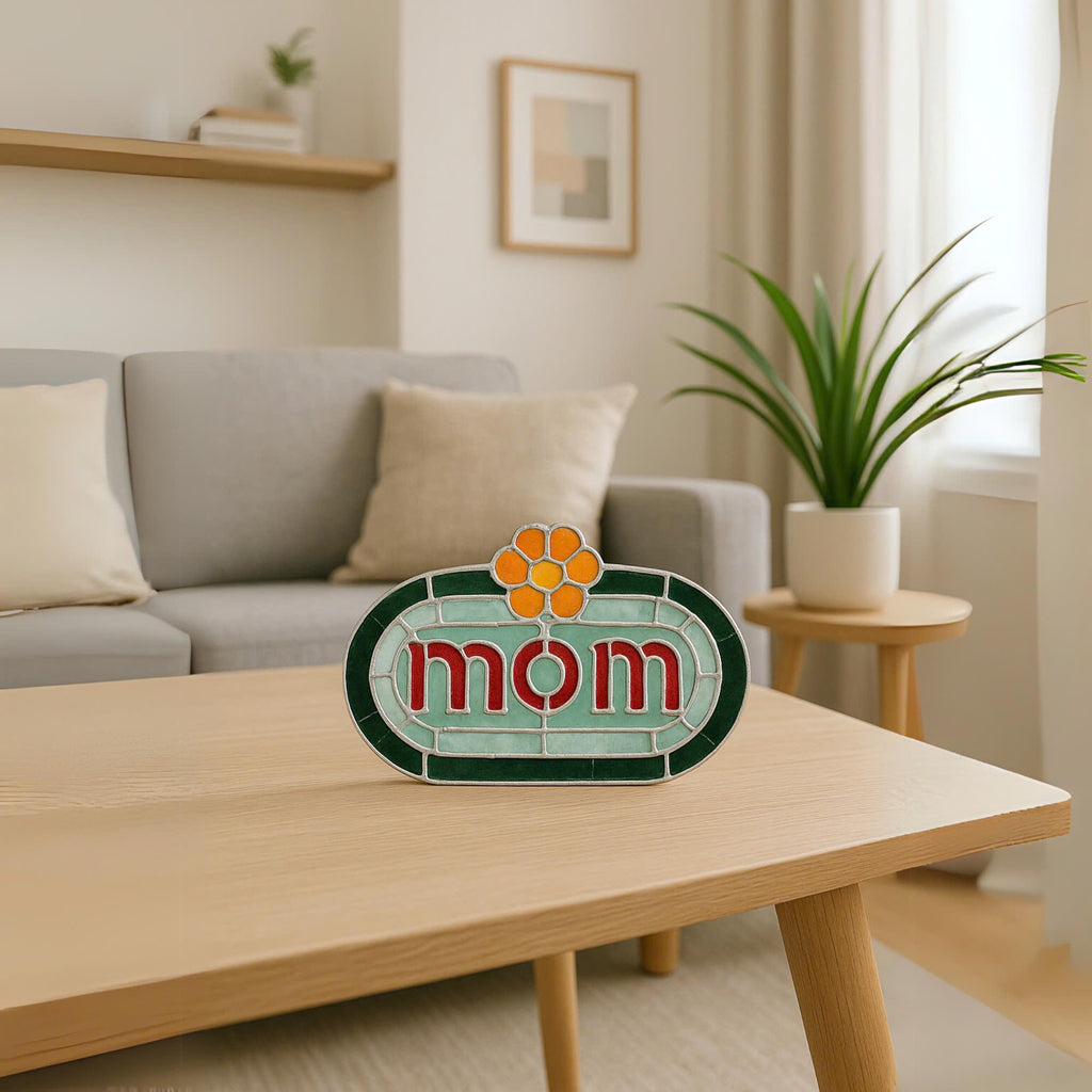 Handmade Stained Glass MOM Sign, Floral Desk Decor