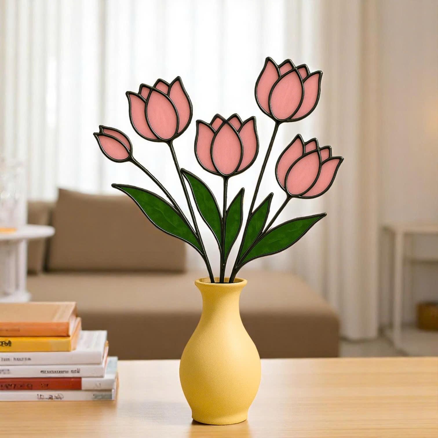 Handmade Stained Glass Pink Tulip Bouquet - Floral Table Decor