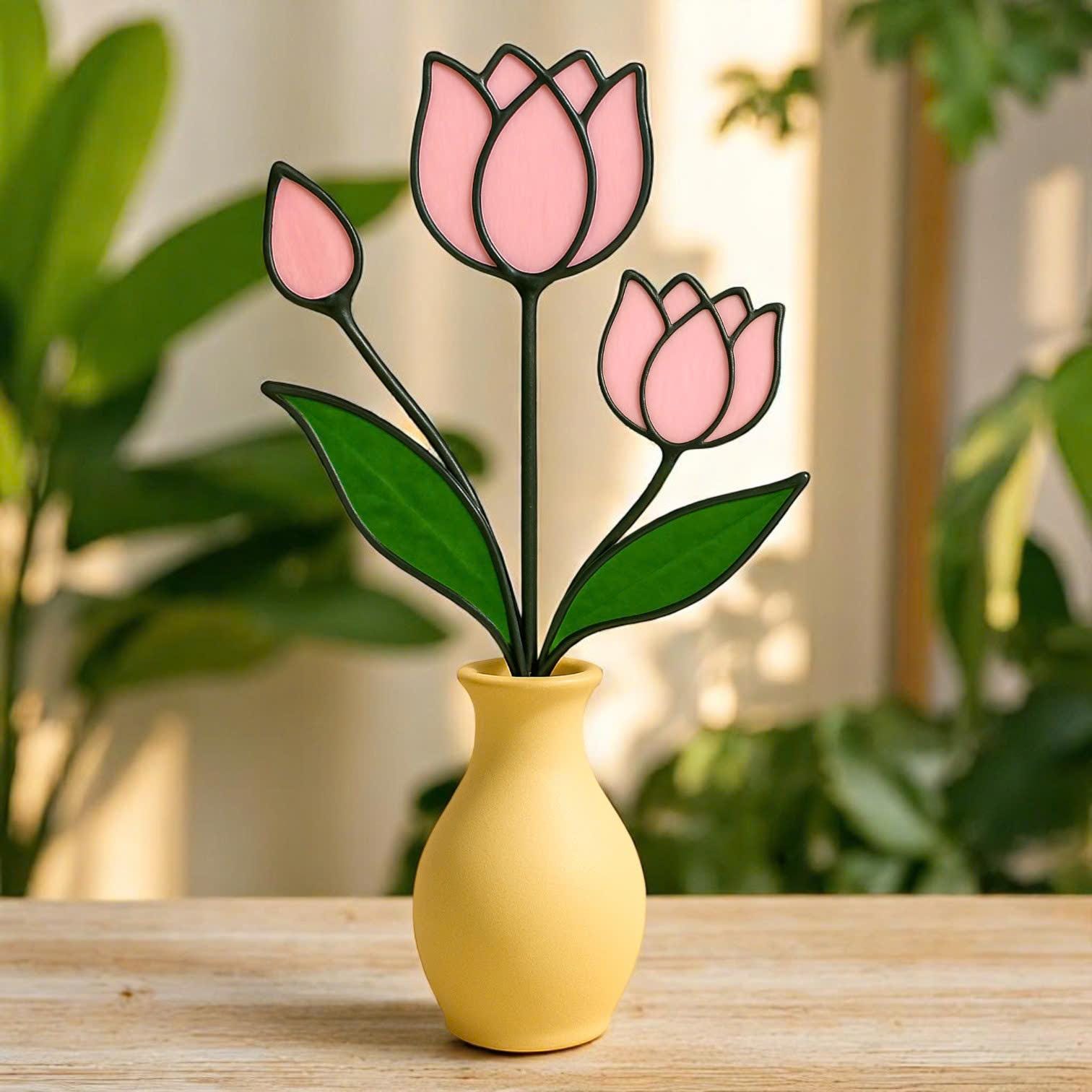 Handmade Stained Glass Pink Tulip Bouquet - Floral Table Decor