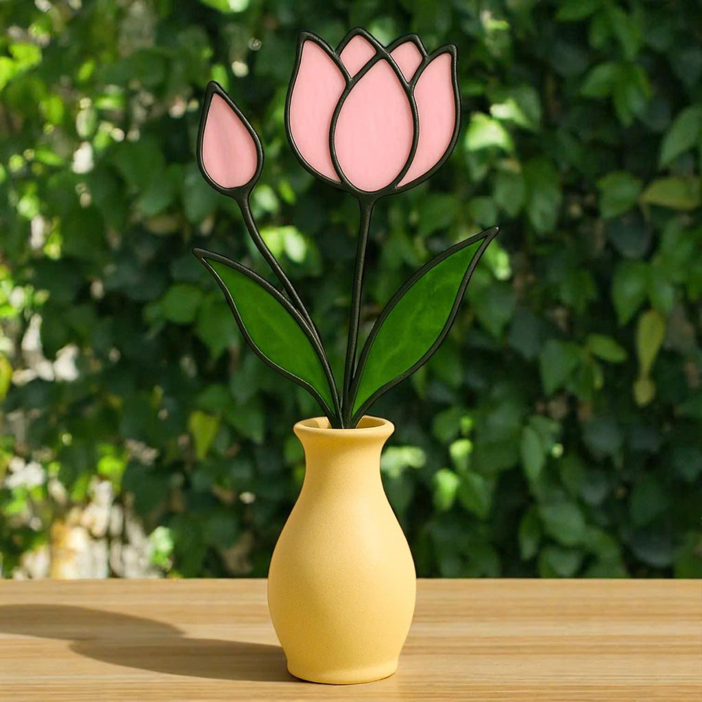 Handmade Stained Glass Pink Tulip Bouquet - Floral Table Decor