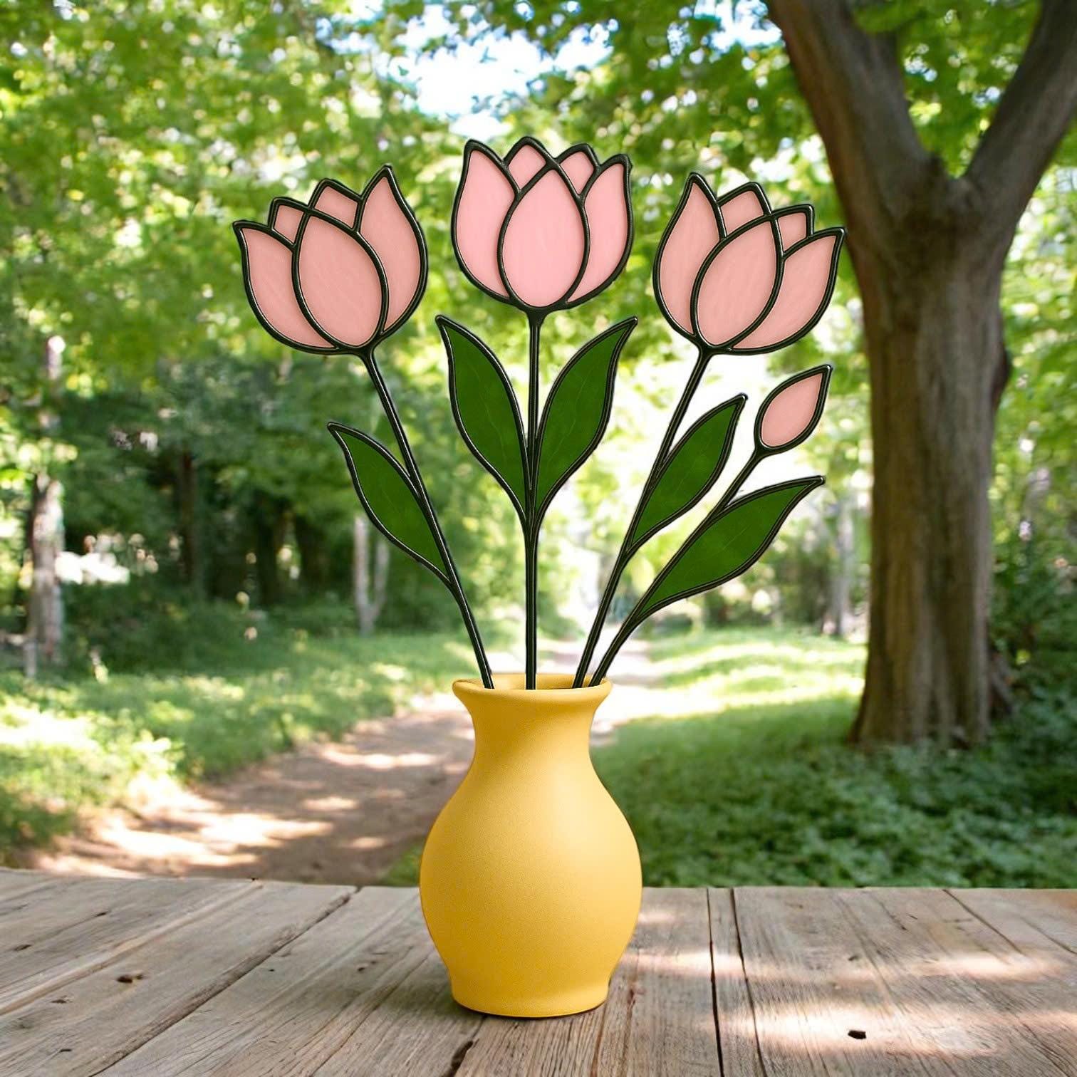 Handmade Stained Glass Pink Tulip Bouquet - Floral Table Decor