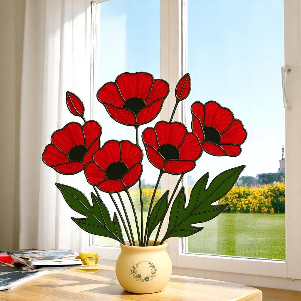 Handmade Stained Glass Poppy Bouquet: Red Floral Vase Art