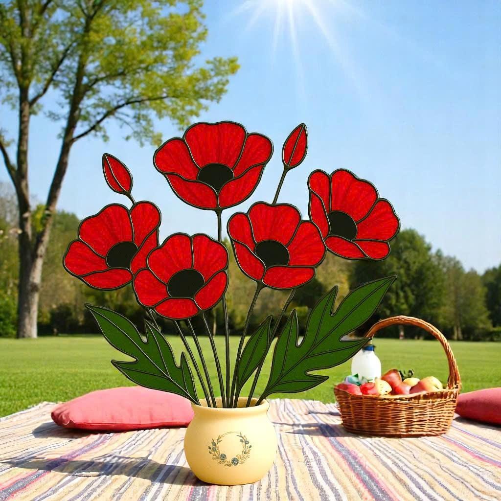 Handmade Stained Glass Poppy Bouquet: Red Floral Vase Art