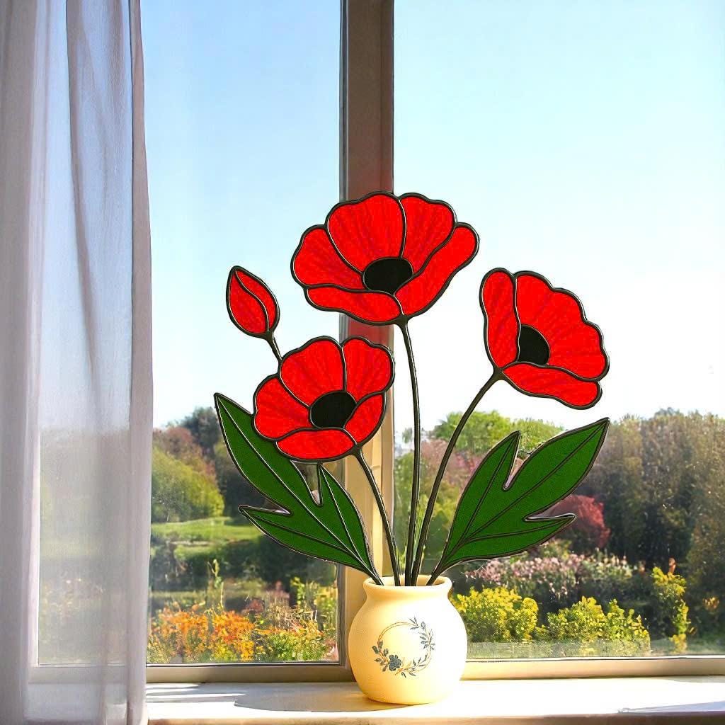 Handmade Stained Glass Poppy Bouquet: Red Floral Vase Art