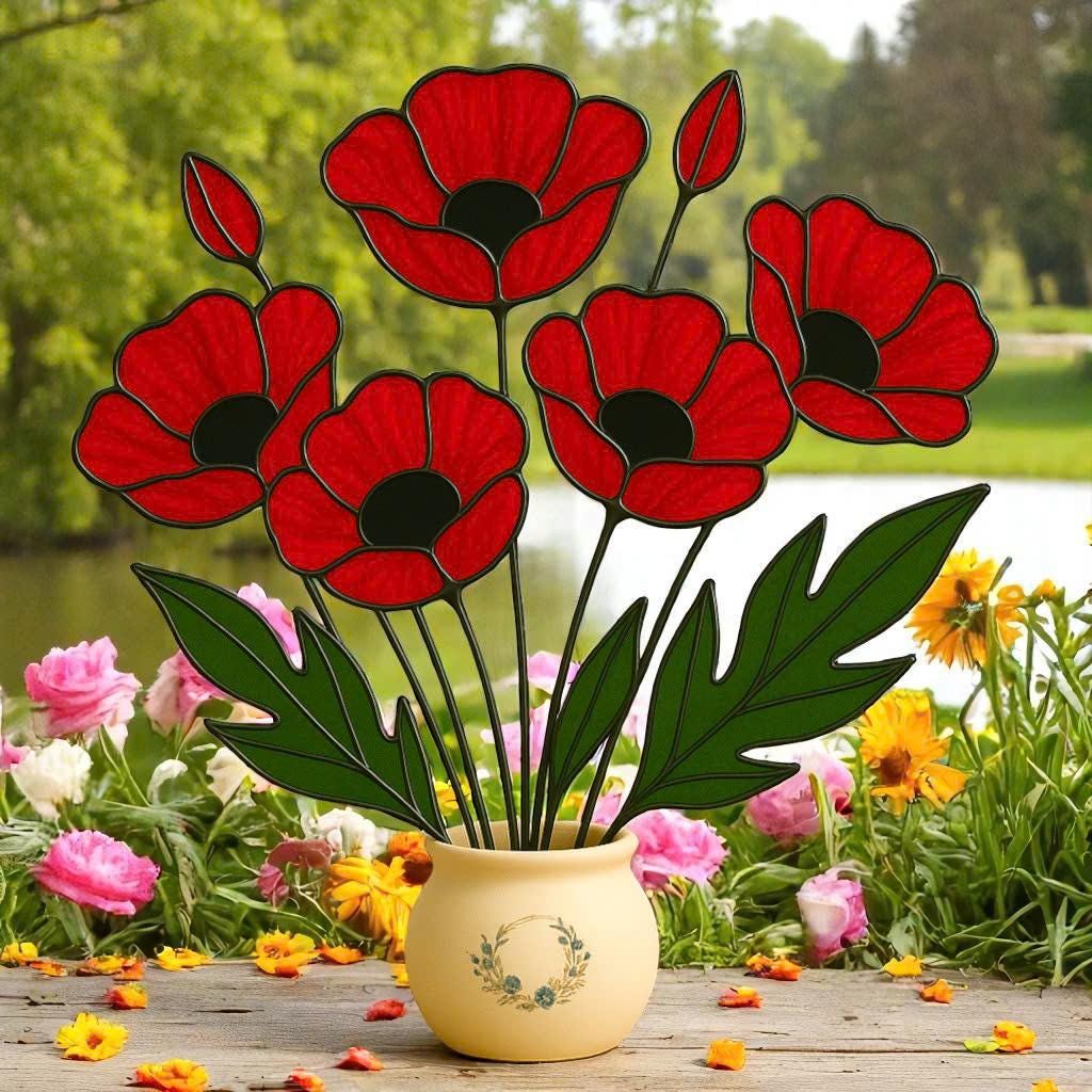Handmade Stained Glass Poppy Bouquet: Red Floral Vase Art
