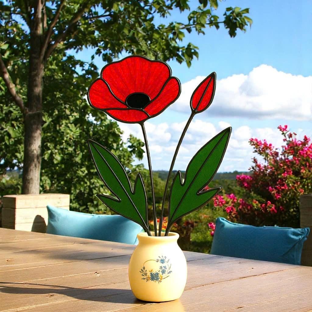 Handmade Stained Glass Poppy Bouquet: Red Floral Vase Art