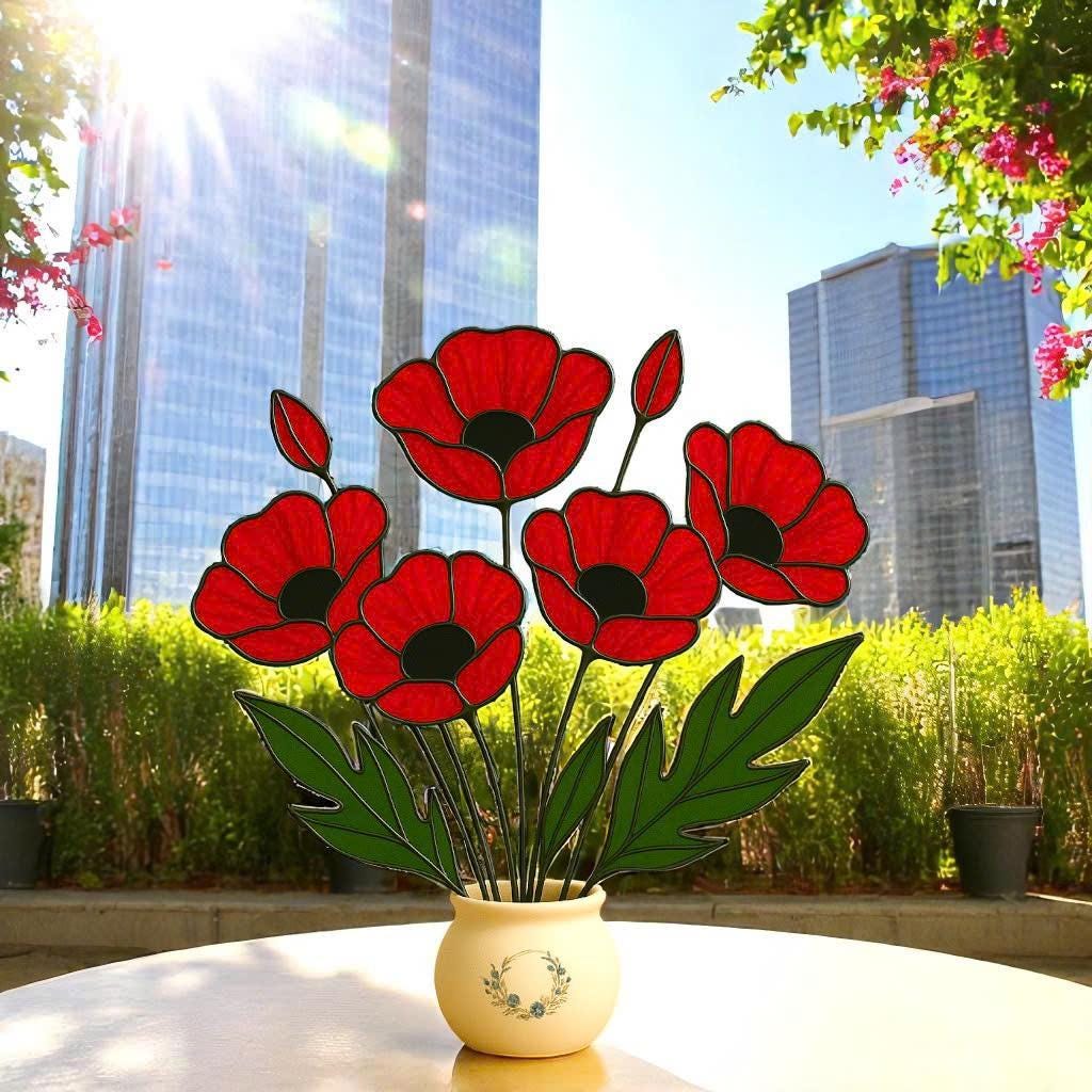 Handmade Stained Glass Poppy Bouquet: Red Floral Vase Art