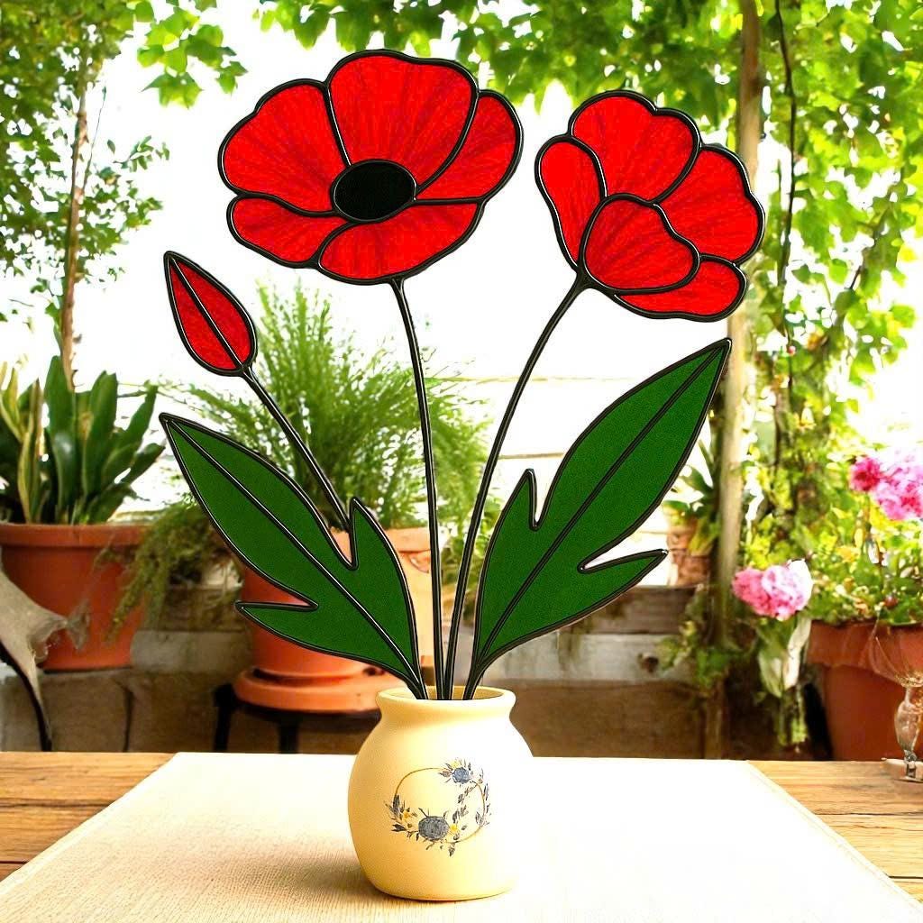 Handmade Stained Glass Poppy Bouquet: Red Floral Vase Art