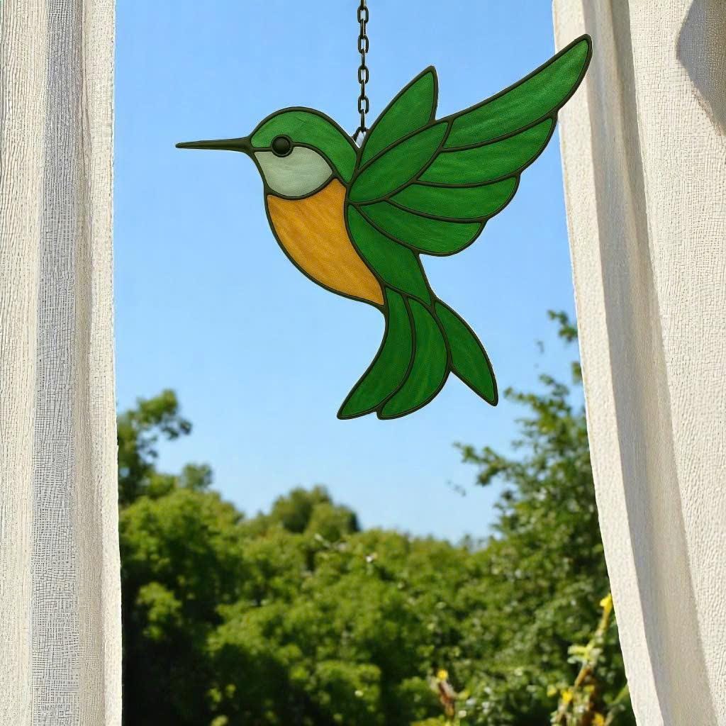 Stained Glass Hummingbird Suncatcher – Handmade Bird Window Hanging, Gift for Her/Mom, Birthday, Christmas, Home Decor, Garden Ornament