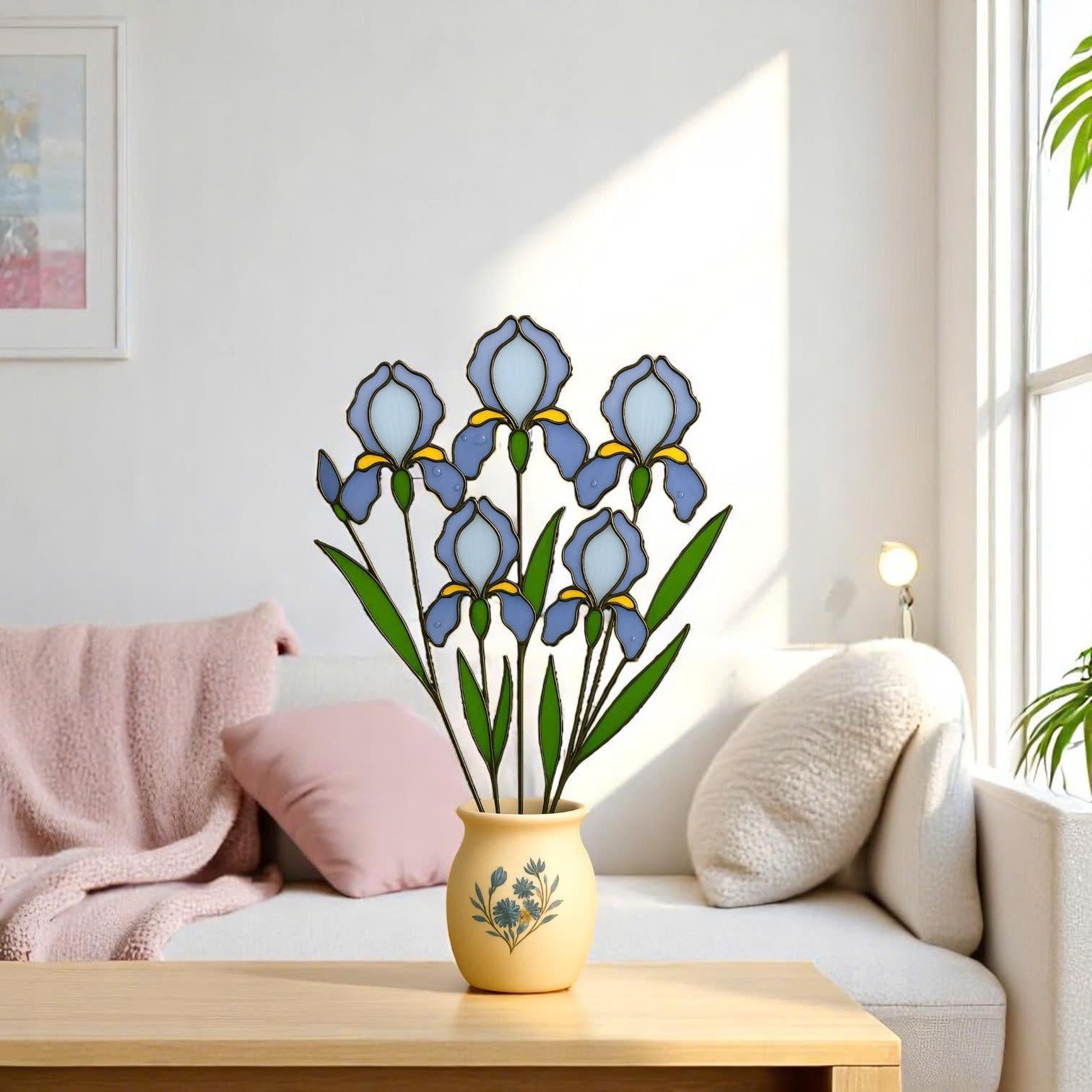 Stained Glass Iris Flowers – Handmade Glass Art in Pot, Elegant Floral Table Decor, Gift for Her/Mom, Birthday, Mother’s Day, Home Decor