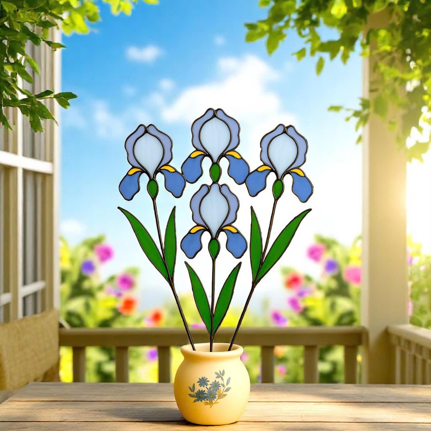 Stained Glass Iris Flowers – Handmade Glass Art in Pot, Elegant Floral Table Decor, Gift for Her/Mom, Birthday, Mother’s Day, Home Decor