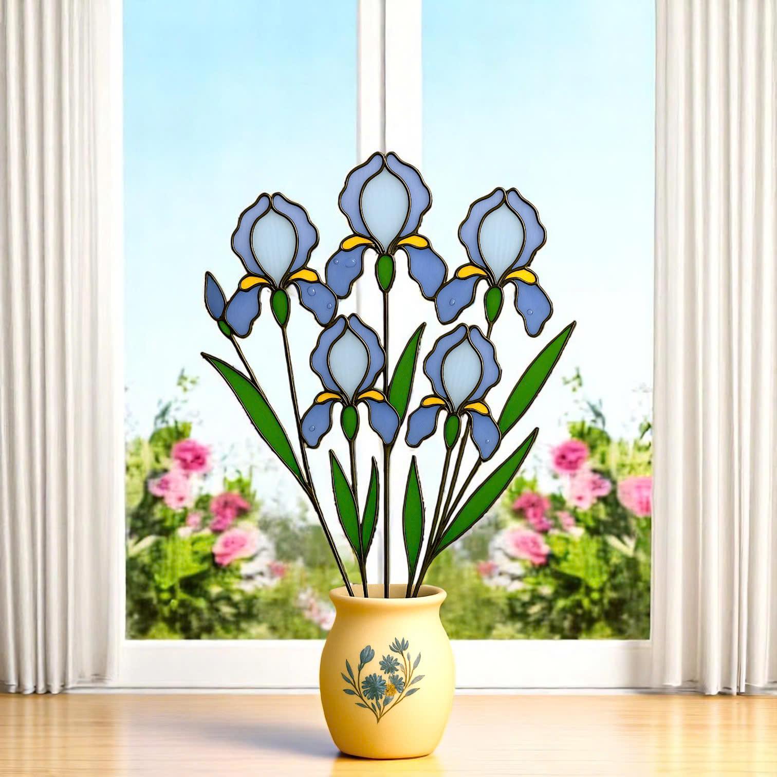 Stained Glass Iris Flowers – Handmade Glass Art in Pot, Elegant Floral Table Decor, Gift for Her/Mom, Birthday, Mother’s Day, Home Decor