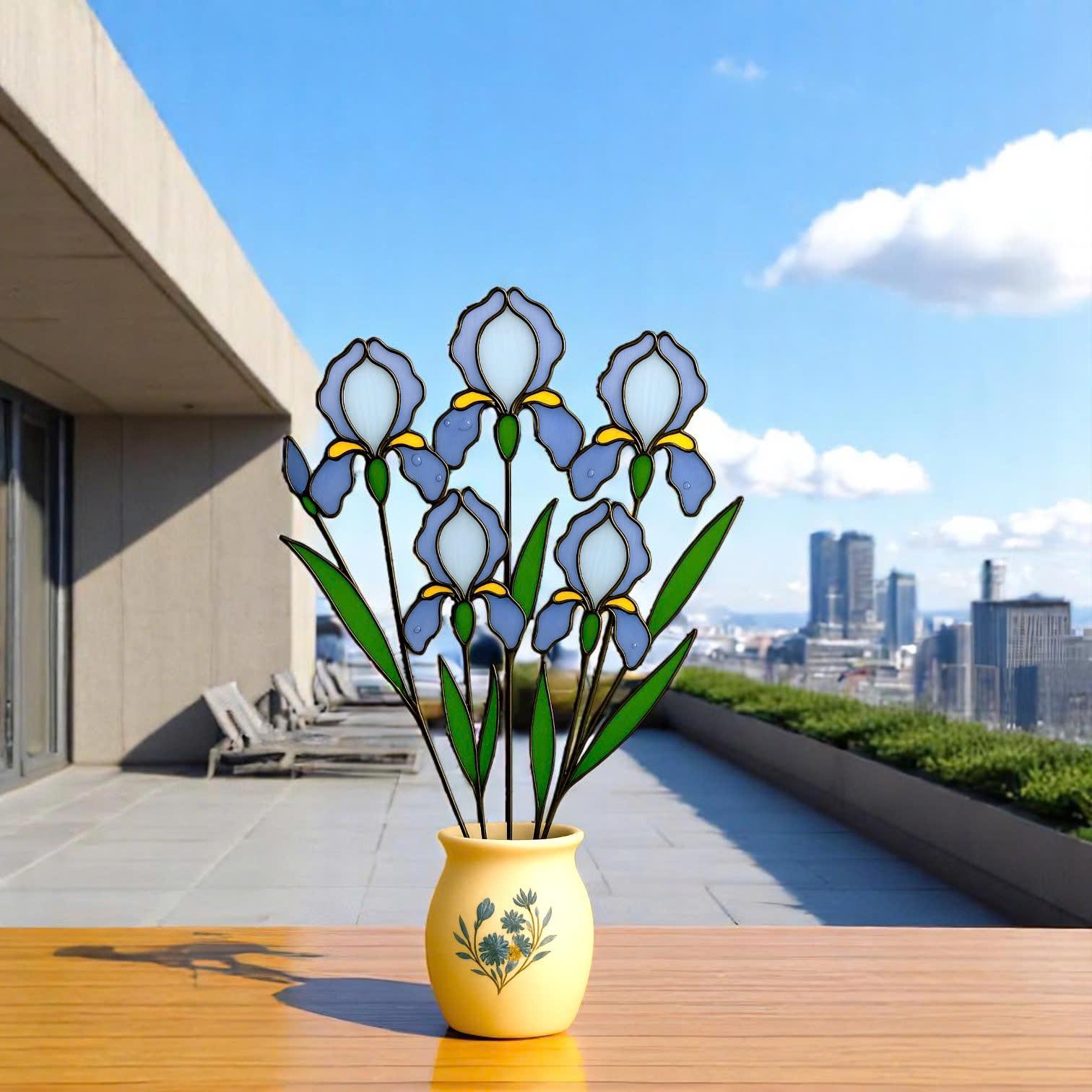 Stained Glass Iris Flowers – Handmade Glass Art in Pot, Elegant Floral Table Decor, Gift for Her/Mom, Birthday, Mother’s Day, Home Decor