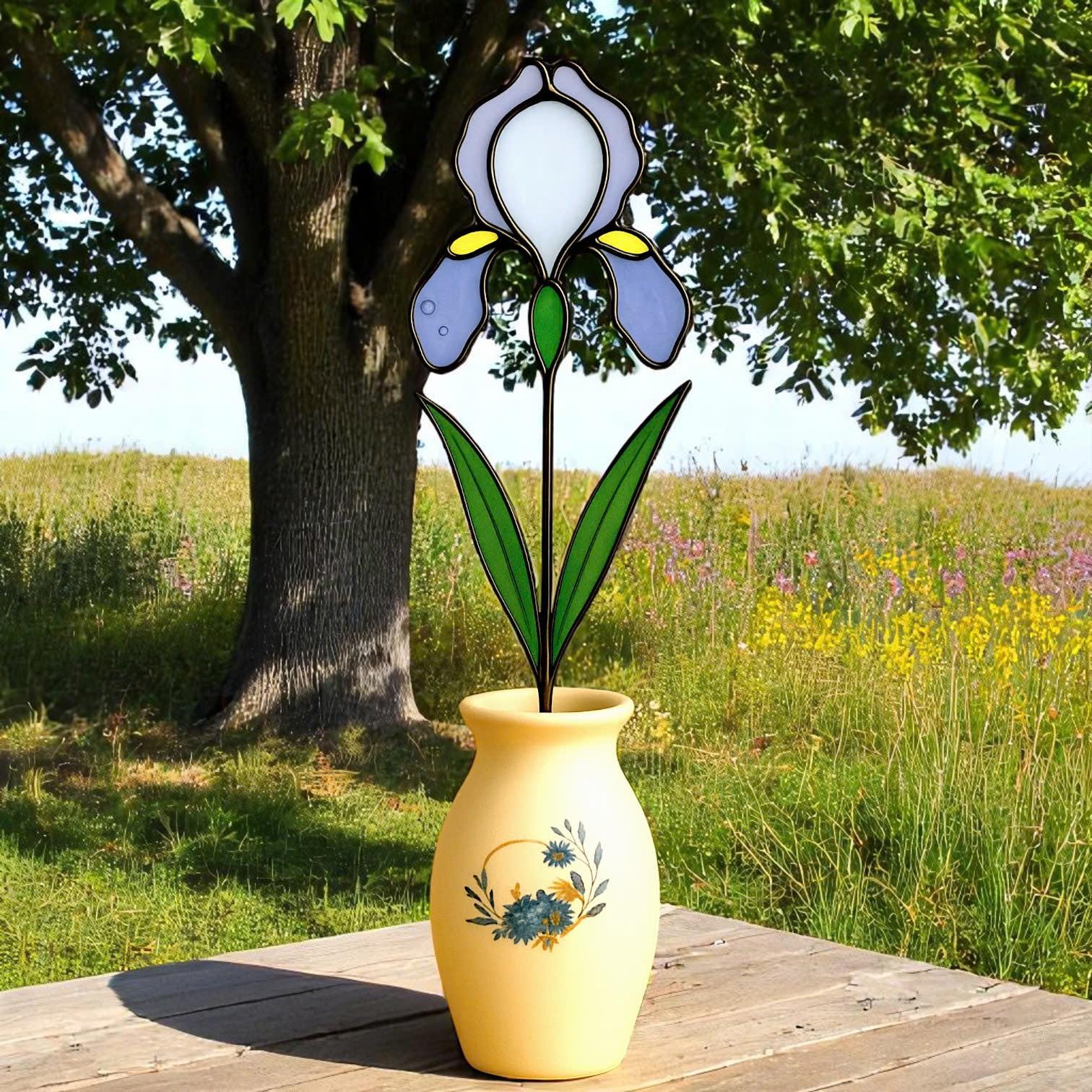 Stained Glass Iris Flowers – Handmade Glass Art in Pot, Elegant Floral Table Decor, Gift for Her/Mom, Birthday, Mother’s Day, Home Decor