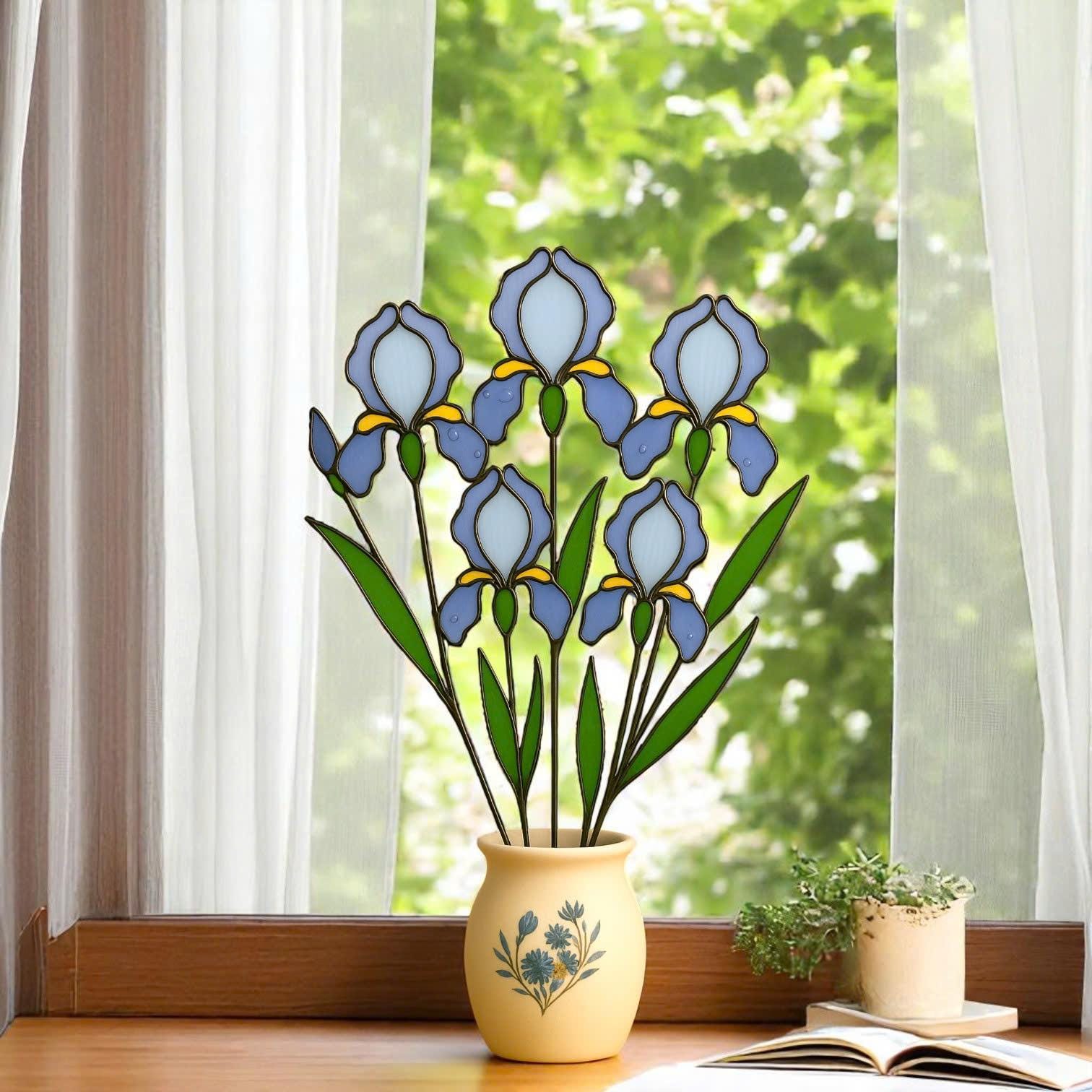 Stained Glass Iris Flowers – Handmade Glass Art in Pot, Elegant Floral Table Decor, Gift for Her/Mom, Birthday, Mother’s Day, Home Decor