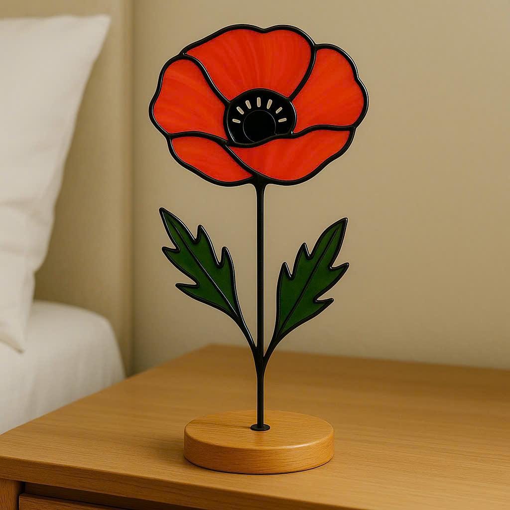 Stained Glass Poppy Flower, August Birth Flower Gift, Desk Decor
