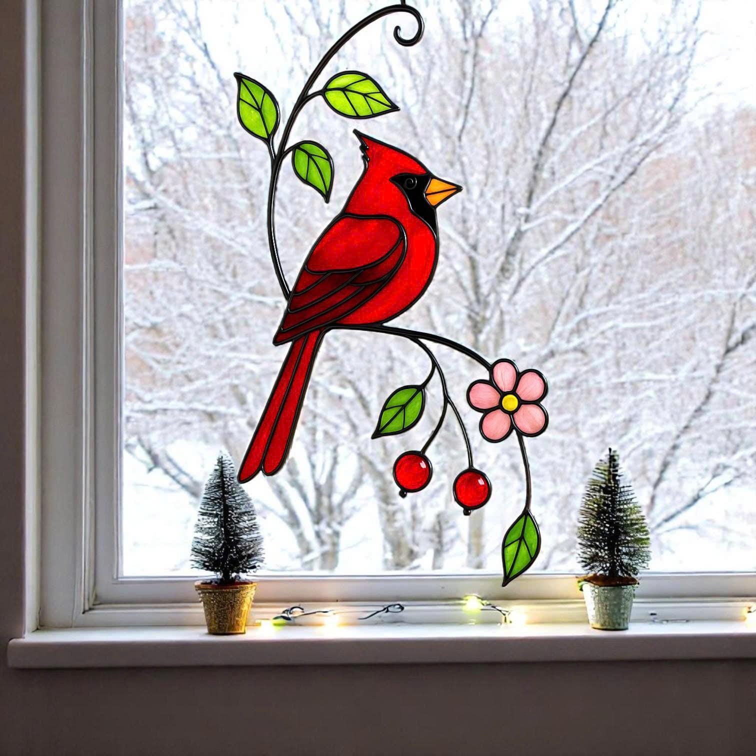 Cardinal Stained Glass Suncatcher – Handmade Bird Window Hanging, Gift for Mom/Her, Christmas, Housewarming, Home Decor, Wall Decor, Holiday